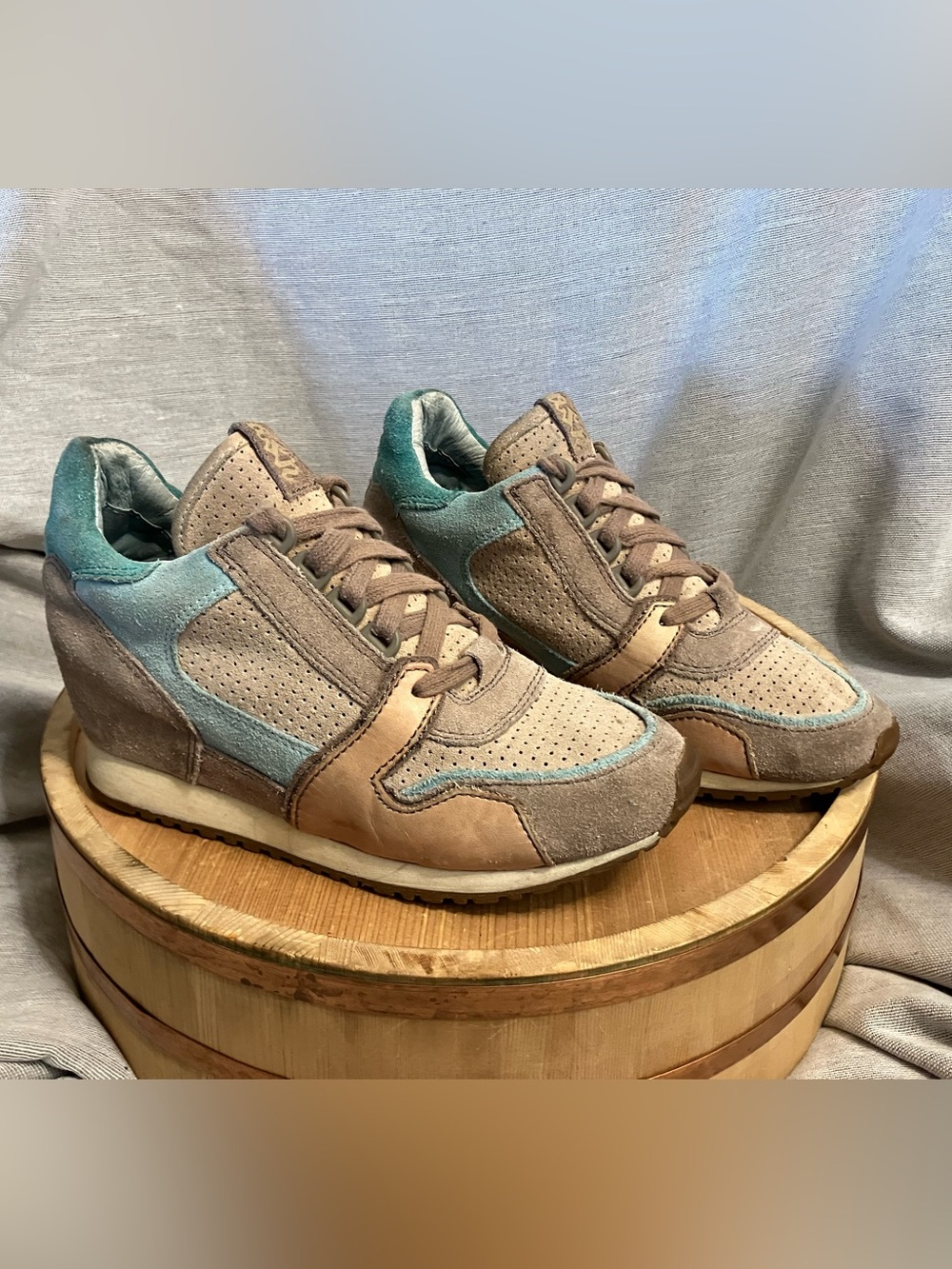 Ash Dean Bis Leather Taupe Turquoise Wedge Sneaker Size EU 38/ US 7.5